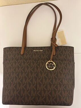 Michael Kors Brown Signature Tote Bag with Gold Logo Charm